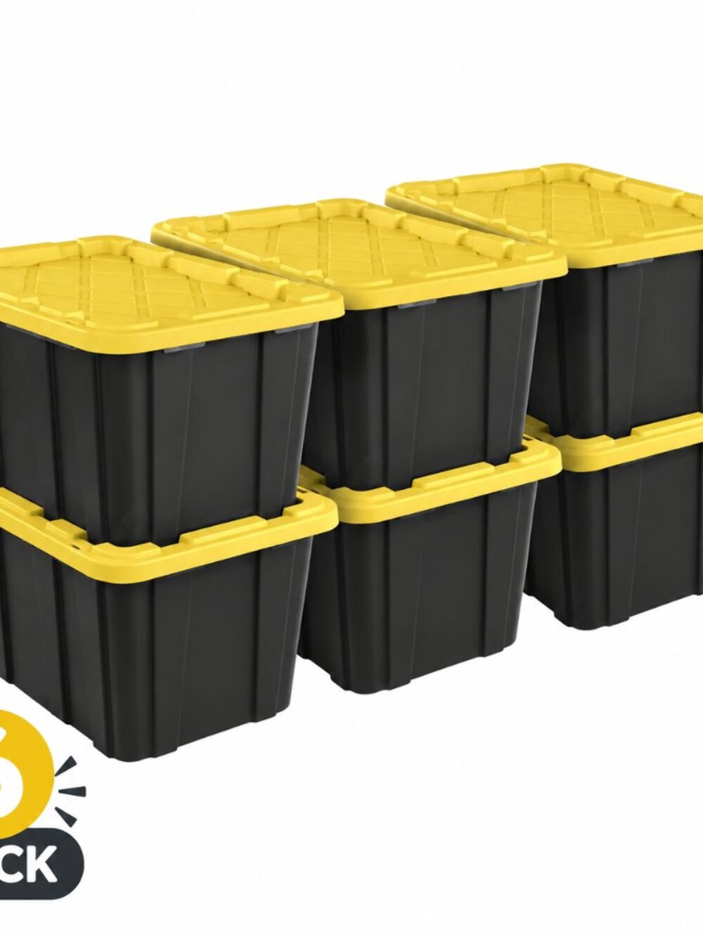 Sterilite 27 Gallon Storage Tote Bin Black Yellow Snap Lid 6 Pack Industrial